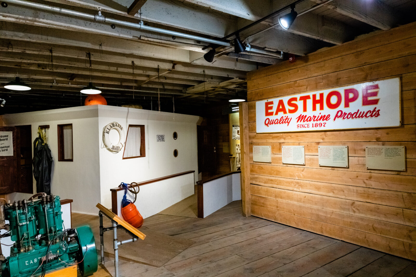 Model fishing boat wheelhouse and Easthope engine display