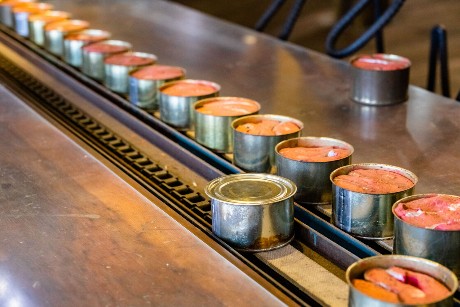 Close up of salmon canning process