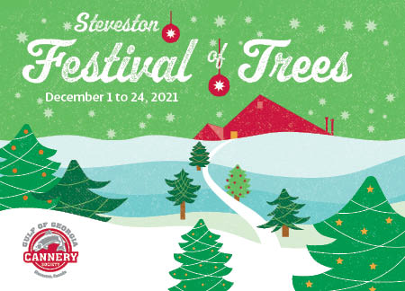 Illustrated winter scene with red cannery building on top of a snowy hill and festive trees along a path. The title says Steveston Festival of Trees December 1 to 24, 2021