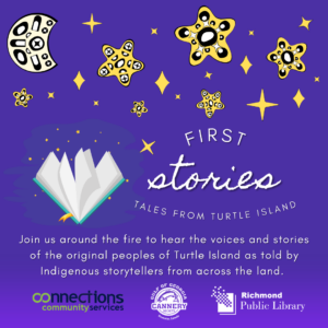 First nations moon and stars design on a purple background with title First Stories Tales from Turtle Island and sponsor logos