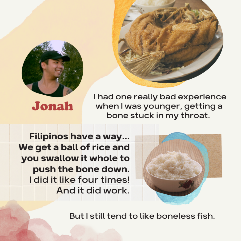 Round frame with photo of Jonah, an Asian male, next to photo of cooked fish and a bowl of rice, with text and pastel coloured graphics.